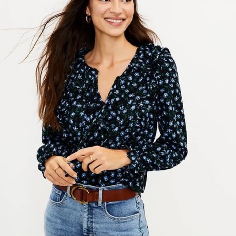 LOFT Black and Blue Floral Ruffle Tie Neck Blouse (PETITE)